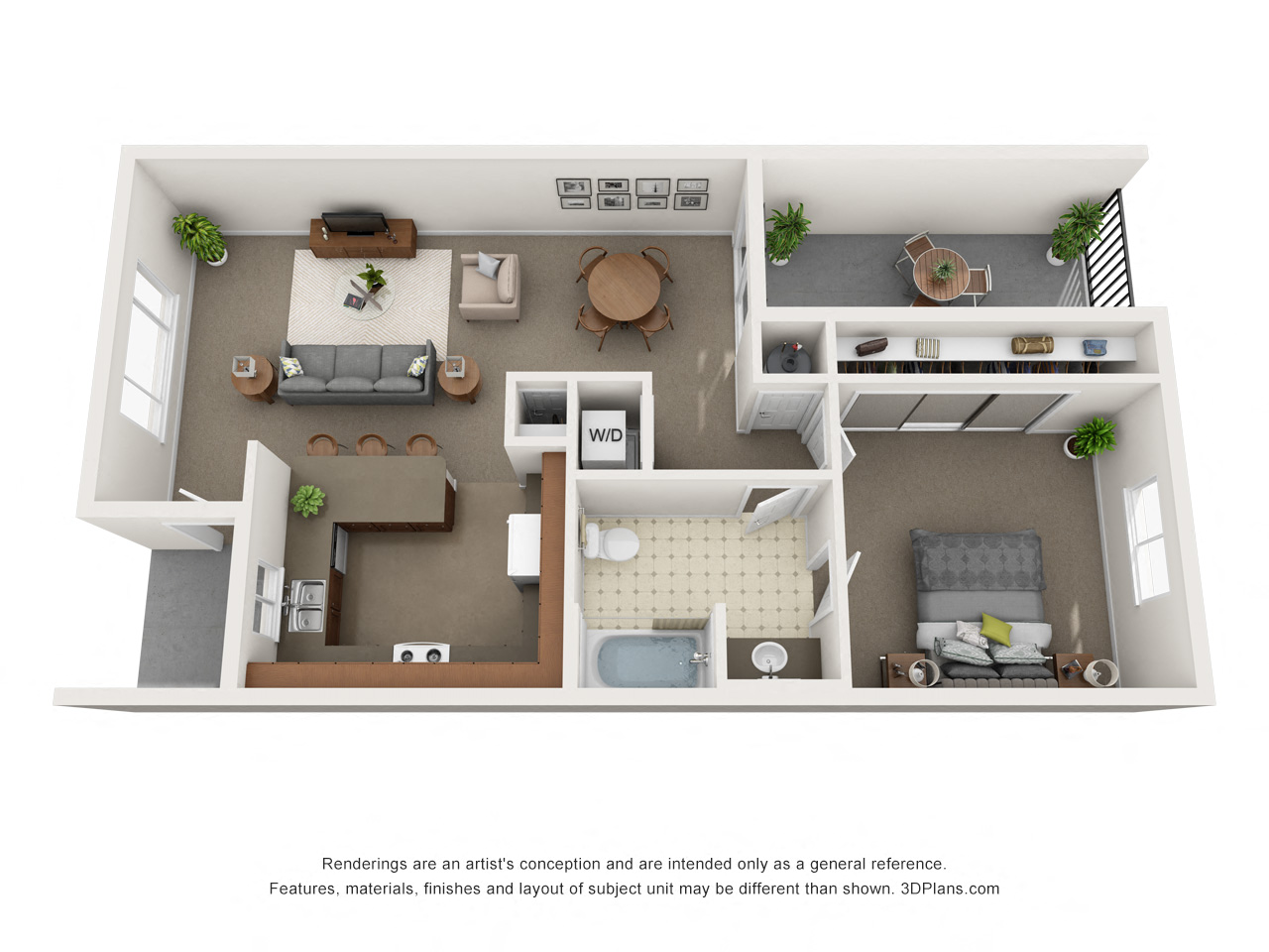 Floor plan for 1 bed, 1 bath, 736 sqft
